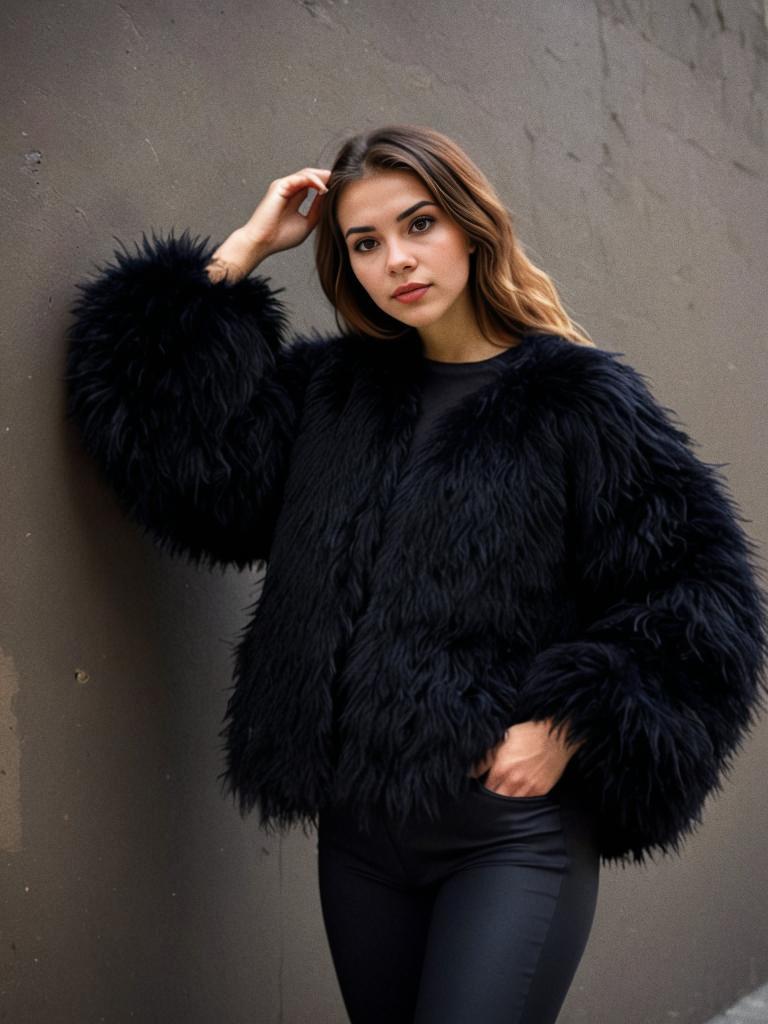 Stylish Woman in Luxurious Black Fluffy Coat