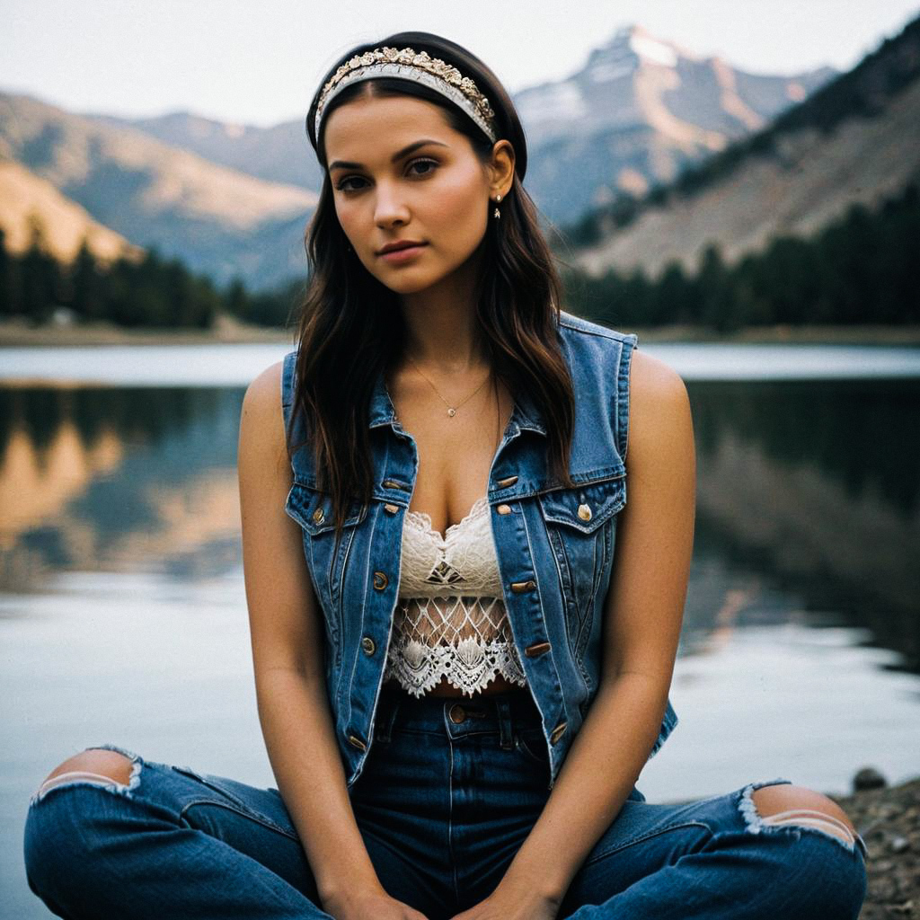 Young woman by serene lake with mountains