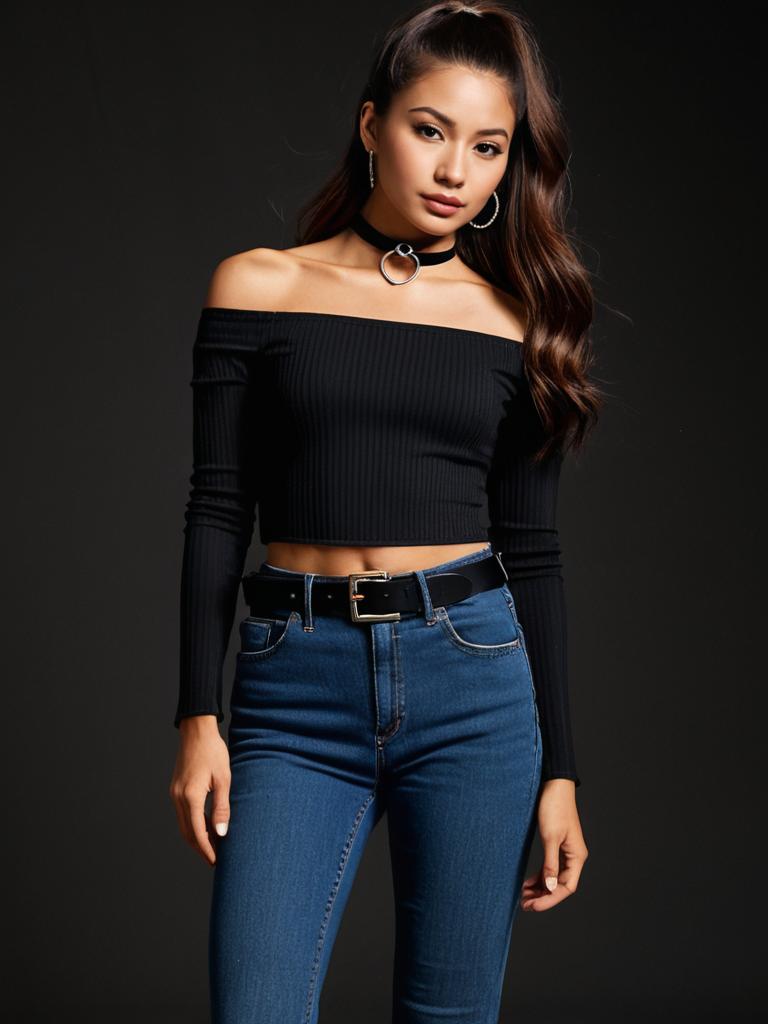 Casual Chic Woman in Black Off-the-Shoulder Ribbed Crop Top and Blue Jeans