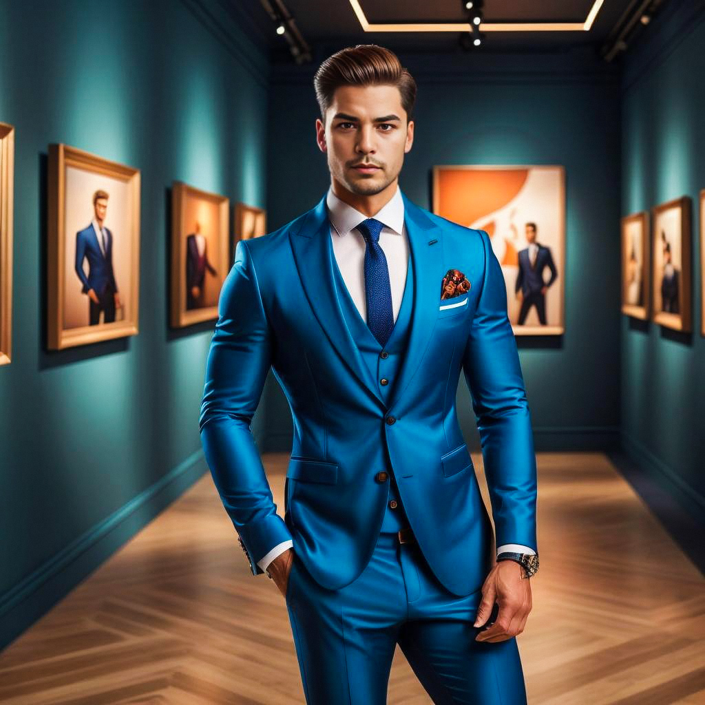 Confident Man in Blue Suit at Modern Art Gallery
