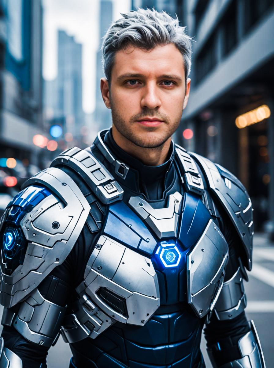 Futuristic Armor Man in Urban Setting