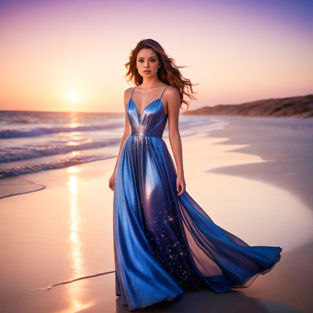 Stunning Woman in Blue Gown at Sunset Beach