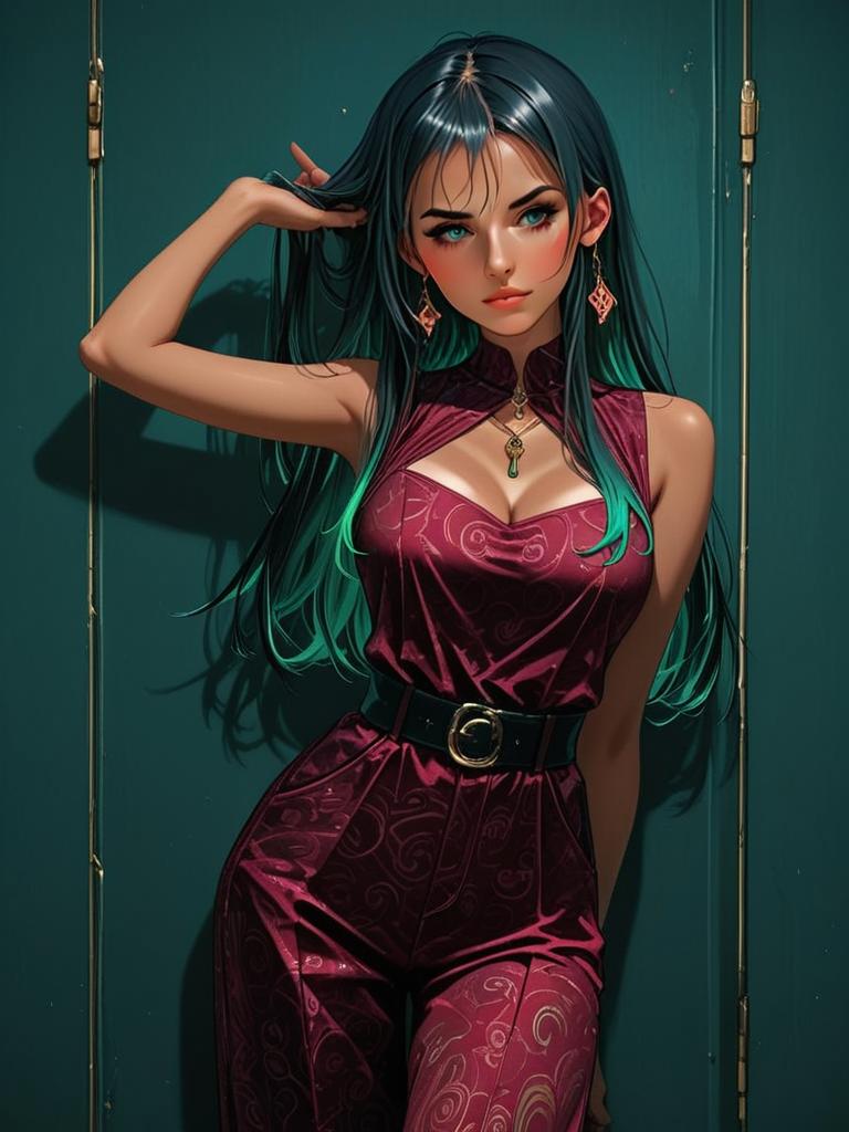 Digital Anime Illustration of Woman in Elegant Maroon Jumpsuit with Teal Hair