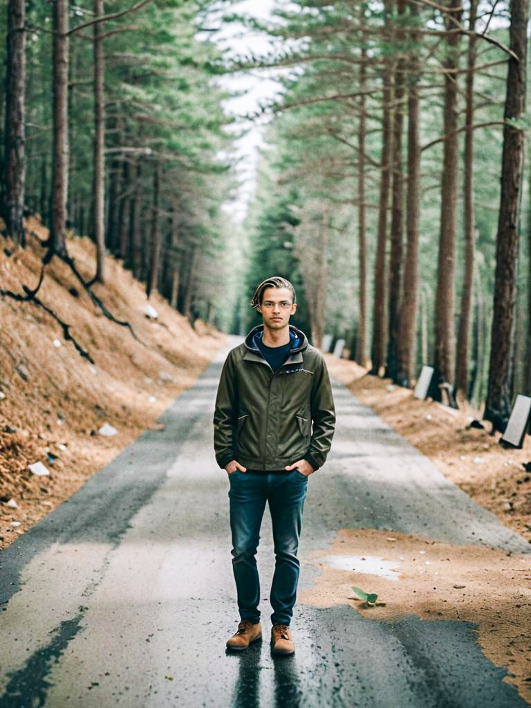 Confident Young Man on Secluded Forest Road