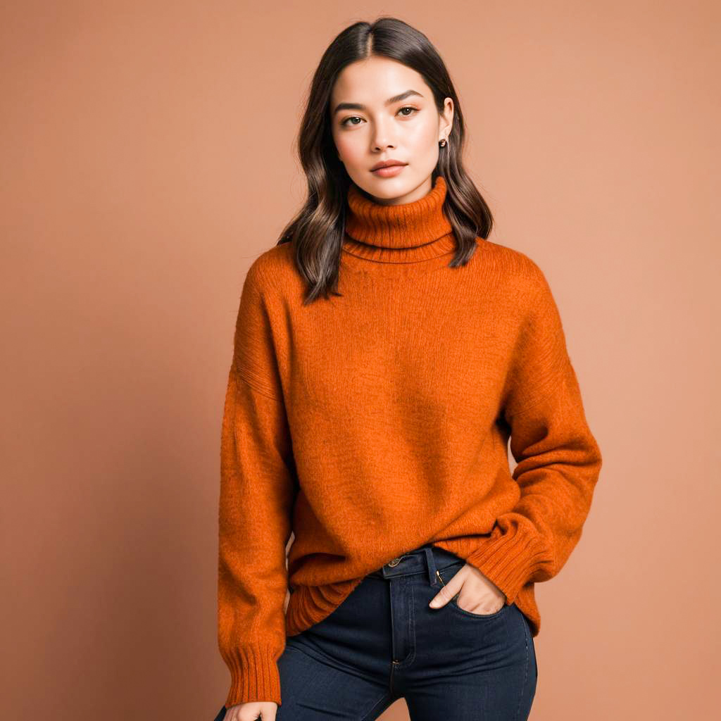 Stylish Woman in Orange Turtleneck Sweater and Dark Jeans