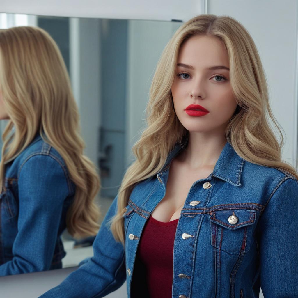 Blonde Woman with Red Lipstick in Denim Jacket Portrait