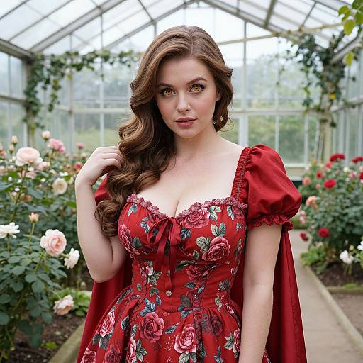 Young Woman in Red Floral Dress with Amber Eyes in Rose Greenhouse