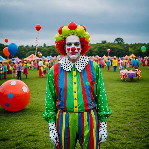 Colorful Male Clown at Outdoor Festival with Balloons and Performers
