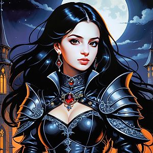 Fantasy Woman in Black Armor with Moonlit Castle