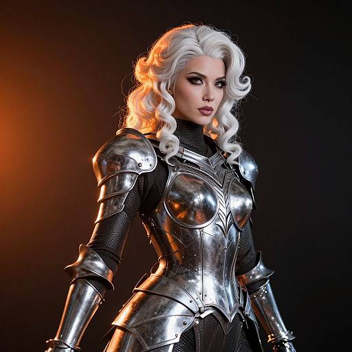 Woman in Medieval Style Shining Armour with White Curly Hair