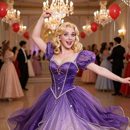 Woman Dancing in Purple Ball Gown at Elegant Ballroom Party