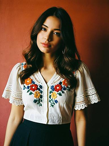 Woman Wearing Bohemian Sheer White Top with Crochet and Floral Embroidery