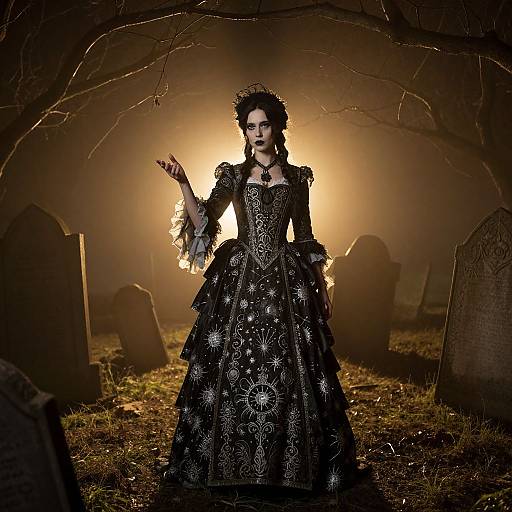 Gothic Victorian Woman in Graveyard at Night