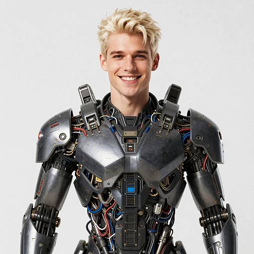 Young Man Wearing Futuristic Cyberpunk Robotic Armor Suit
