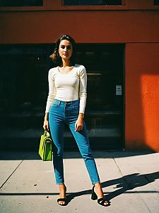 Woman in Casual Chic Fitted Long Sleeve White Top and High-Waisted Jeans