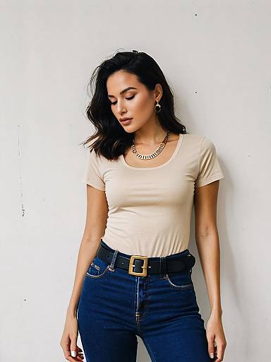 Woman in Casual Fitted Beige Scoop Neck T-Shirt and Dark Blue Jeans