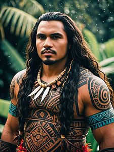 Man in Polynesian Moana Costume with Tribal Tattoos Photorealistic Portrait