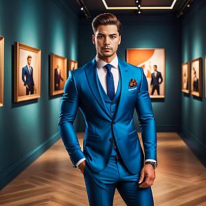Confident Man in Blue Suit at Modern Art Gallery