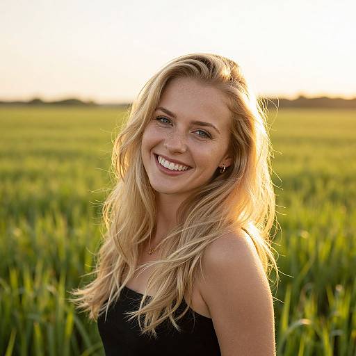 Smiling Blonde Woman in Green Field at Golden Hour