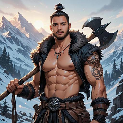 Muscular Warrior Man with Axe in Snowy Mountain Landscape Digital Art