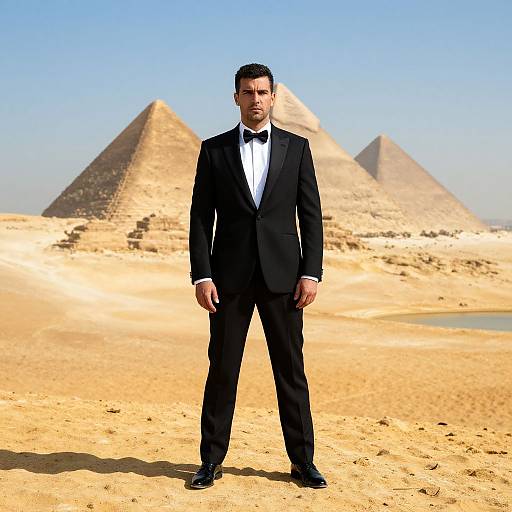 Man in Black Tuxedo Standing in Front of Pyramids of Giza Desert