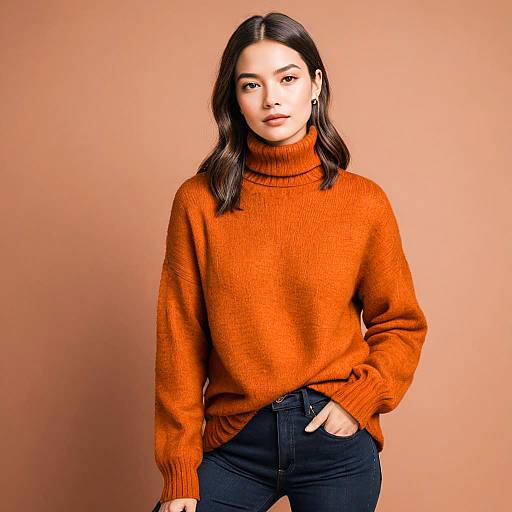 Stylish Woman in Orange Turtleneck Sweater and Dark Jeans