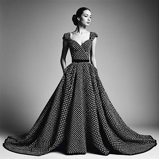 Elegant Polka Dot Ball Gown Fashion Portrait Black and White