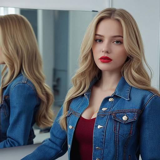 Blonde Woman with Red Lipstick in Denim Jacket Portrait
