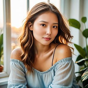 Young Woman in Blue Blouse in Cozy Indoor Setting
