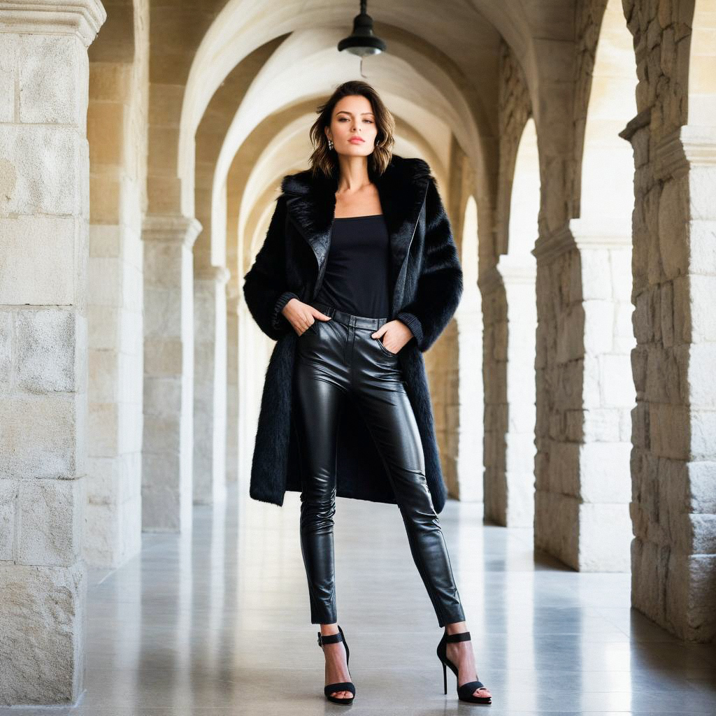 Confident Woman in Stylish Fur Coat in Stone-Arched Corridor