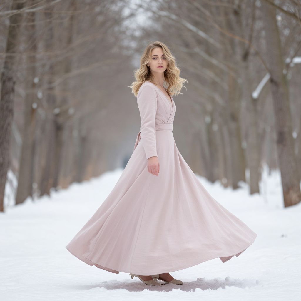 Woman in flowing pale pink dress on snowy winter path