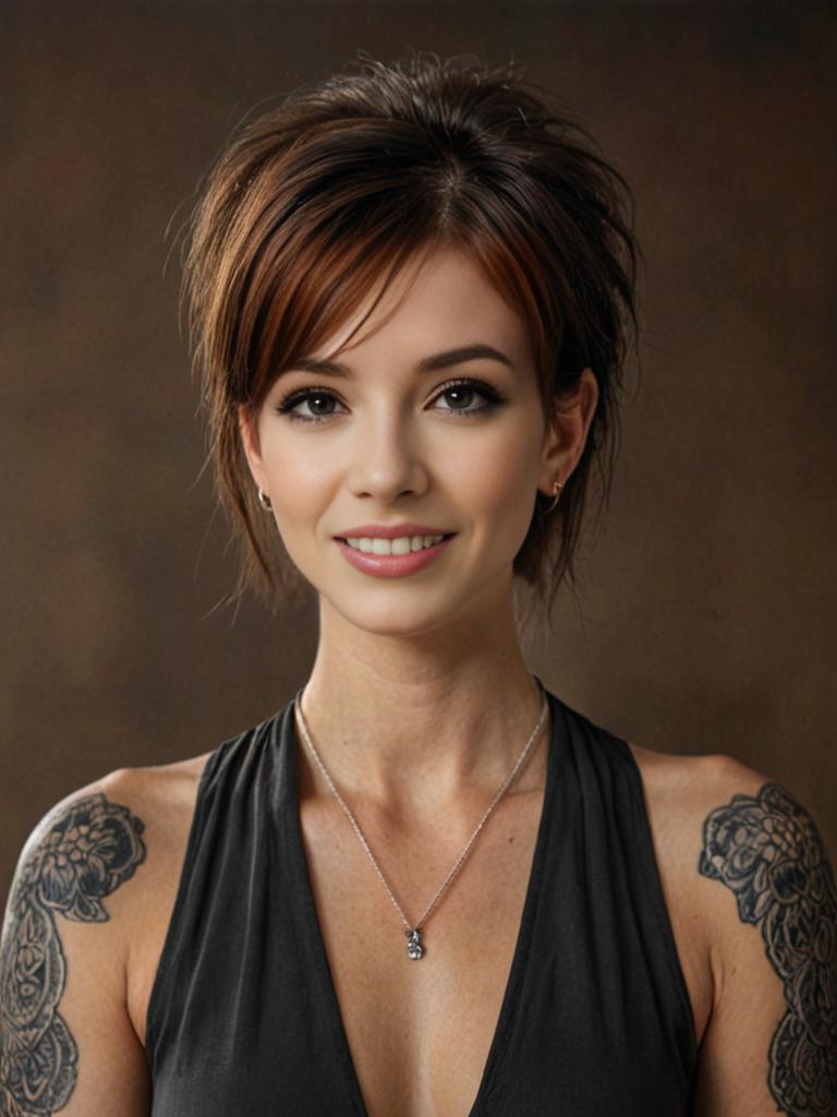 Smiling woman with short hair, tattoo sleeves, and necklace