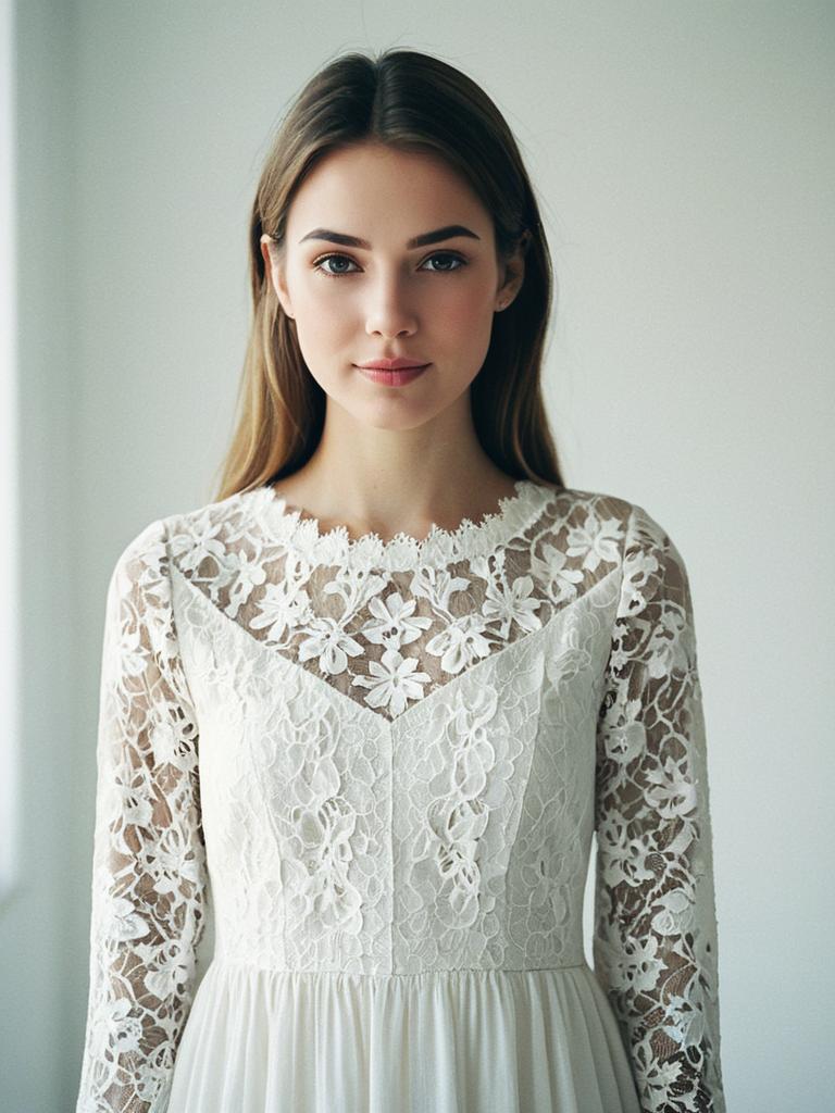 Elegant Woman in White Lace Floral Dress Portrait Elegant Woman in White Lace Floral Dress Portrait