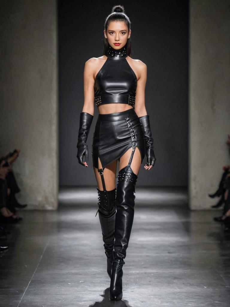 Confident Woman in Avant-Garde Black Leather Outfit on Runway