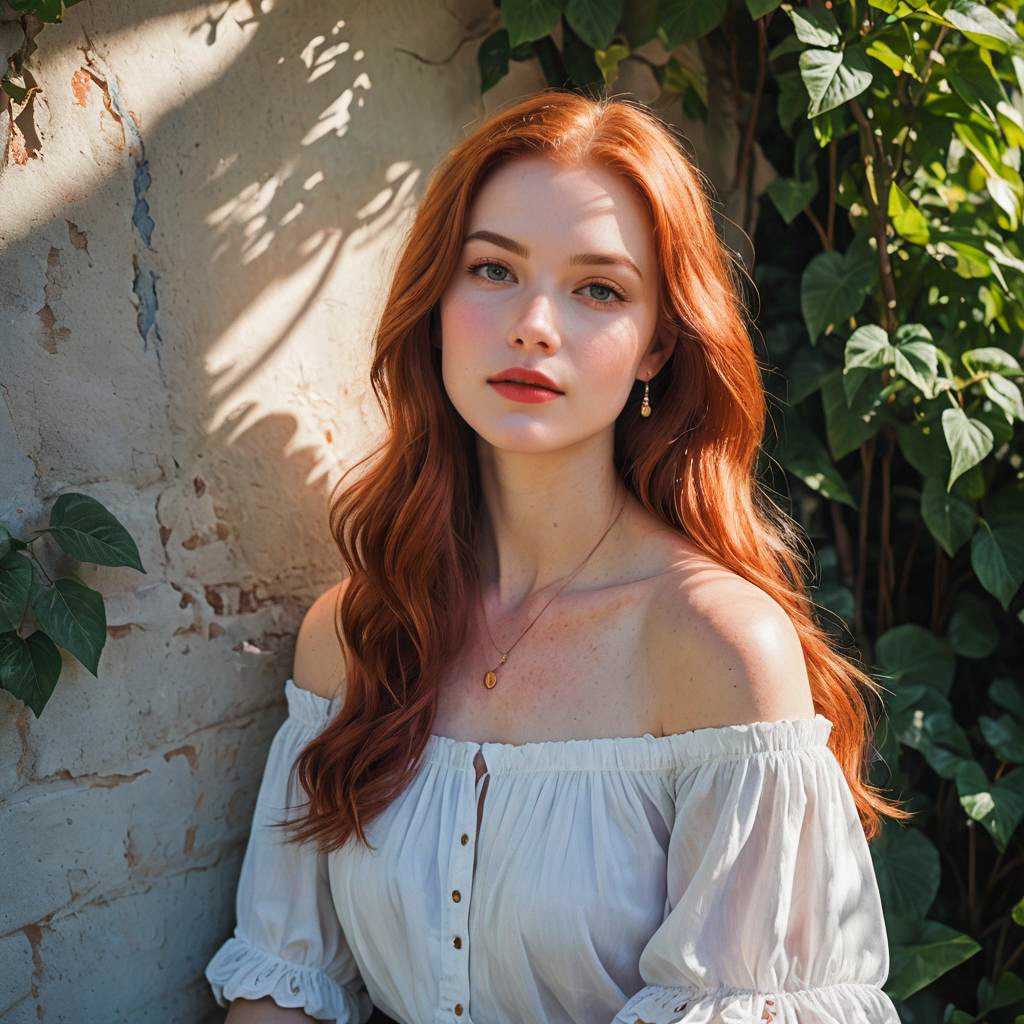 Young Woman with Red Hair in Rustic Setting