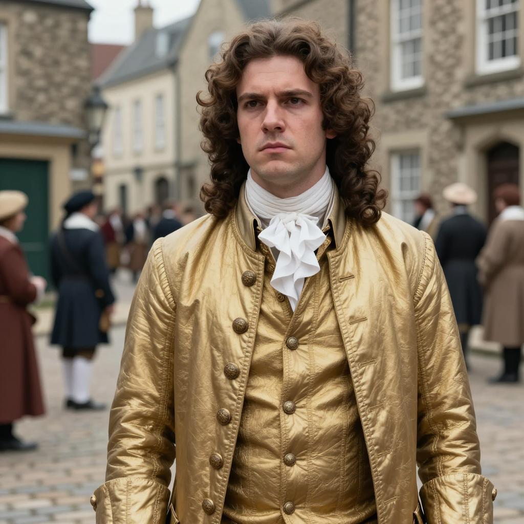 18th Century Man in Gold Costume Historical Village Scene