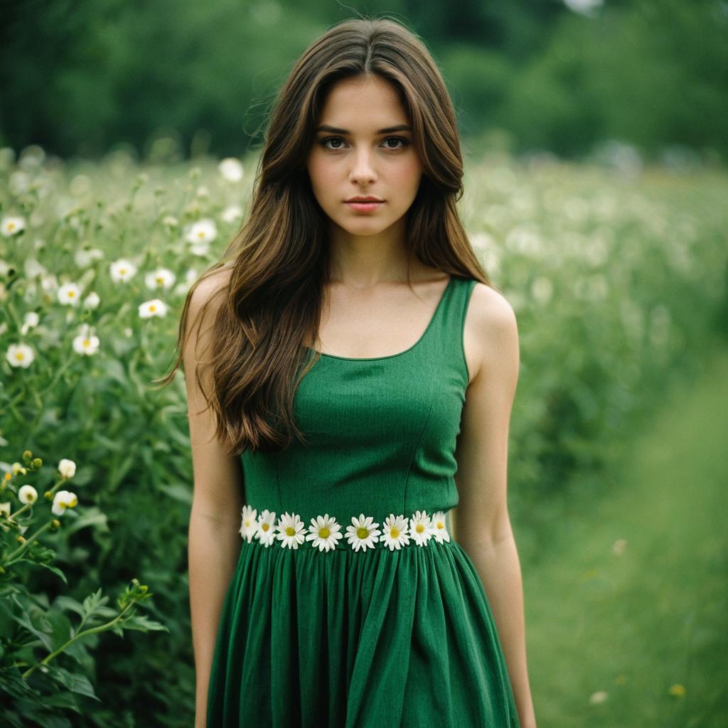 Woman in Nakd Green Dress with Daisy Belt in Flower Field