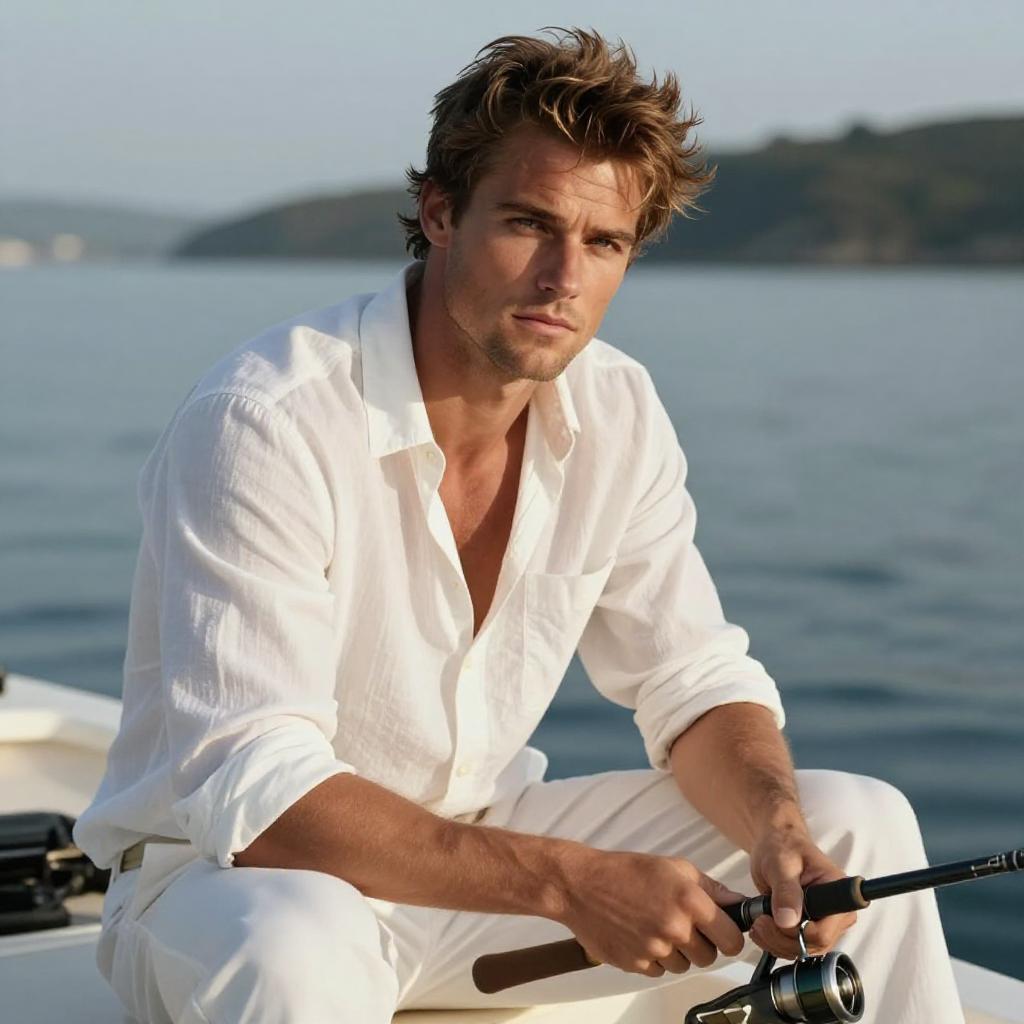 Young Man Fishing on a Boat by the Water