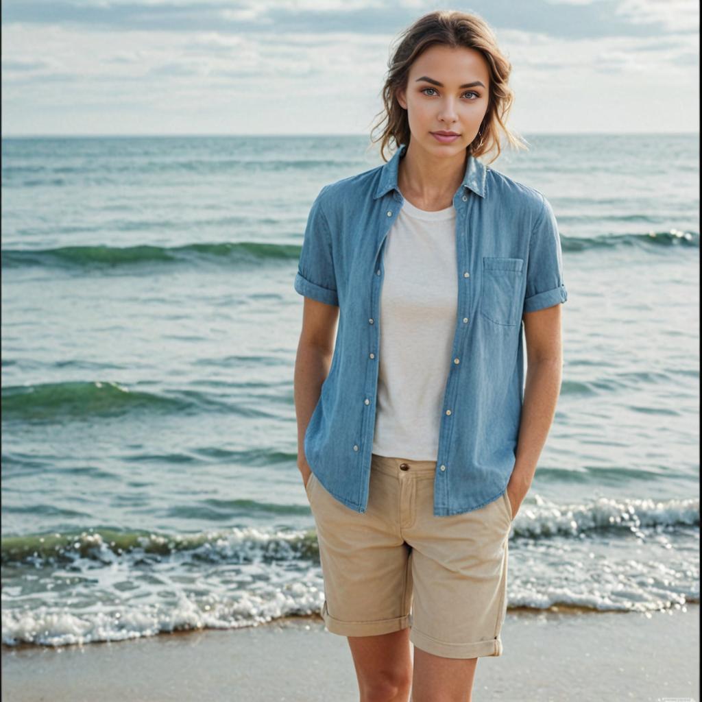 Casual Woman in Denim Shirt at Beach