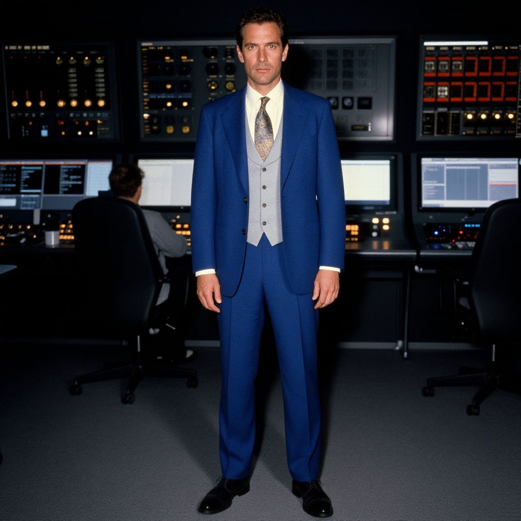 Man in Blue Suit Standing in High-Tech Control Room