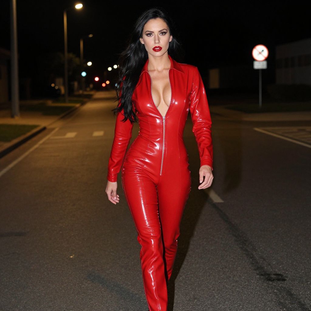 Woman in Red Latex Jumpsuit Walking Night Street