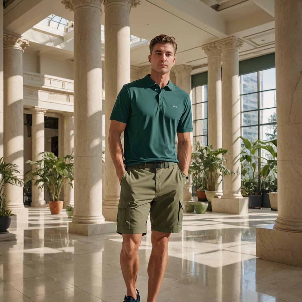 Confident Man in Stylish Green Polo and Shorts