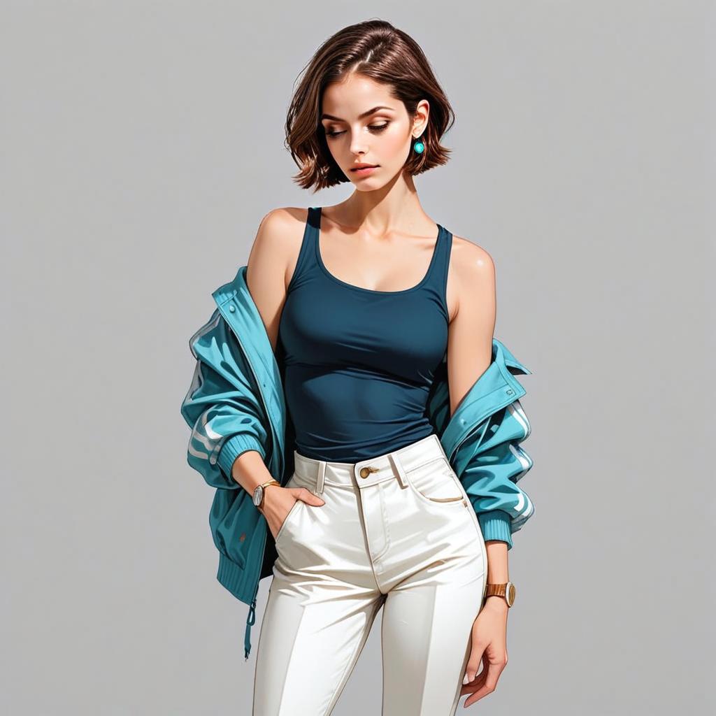 Stylish Young Woman in Navy Tank Top and White Pants with Blue Jacket