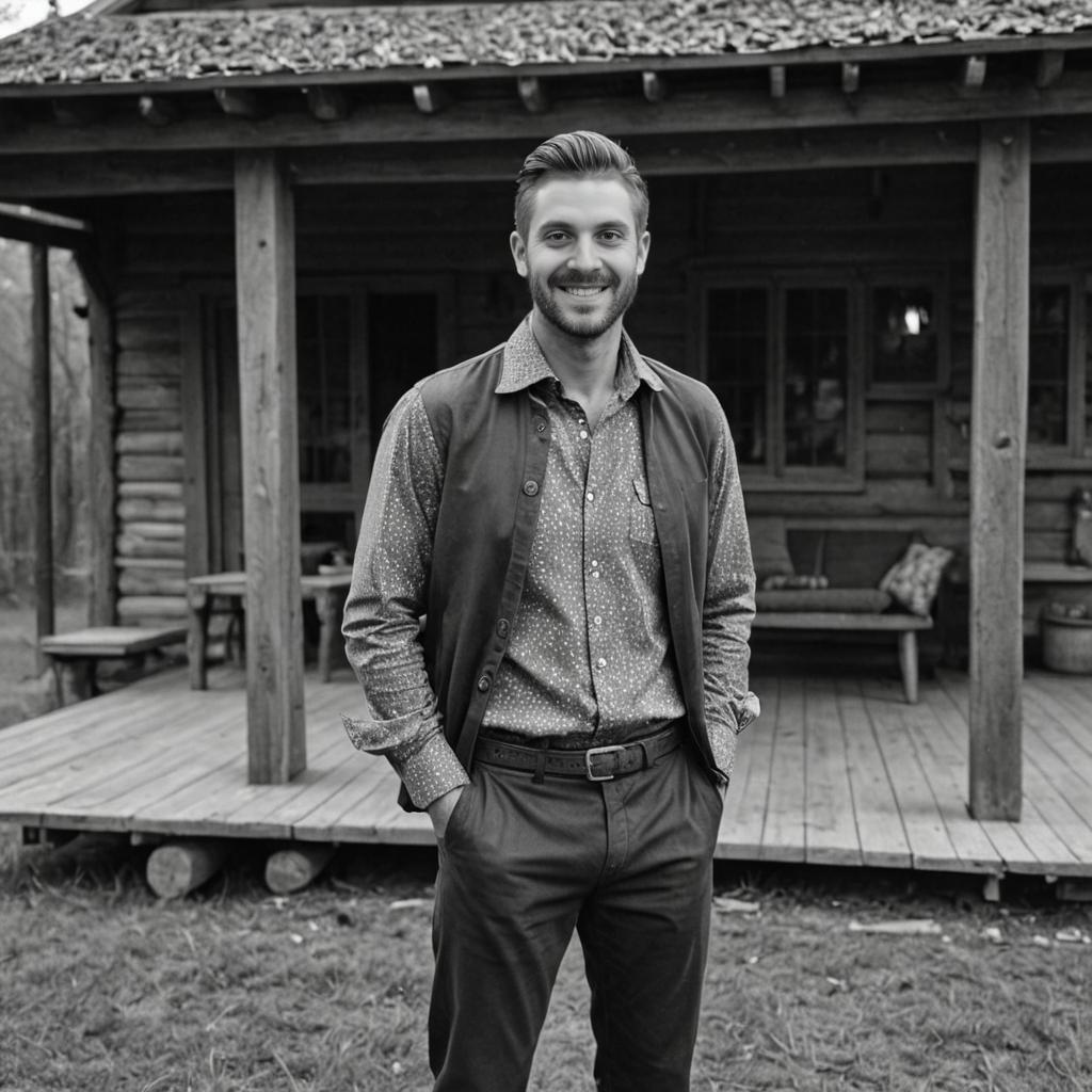 Confident Man in Front of Rustic Cabin