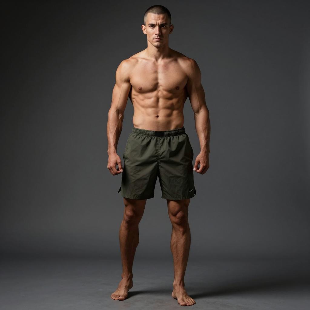 Fit Young Man in Athletic Shorts Posing in Studio