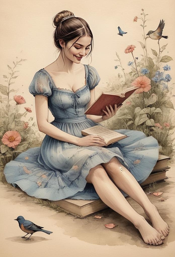 Whimsical Vintage Style Woman Reading Books Outdoors Illustration