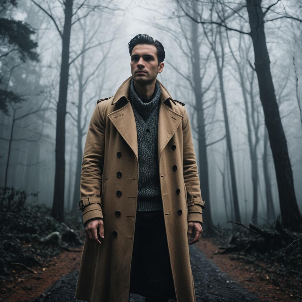Man in Camel Trench Coat on Misty Forest Path