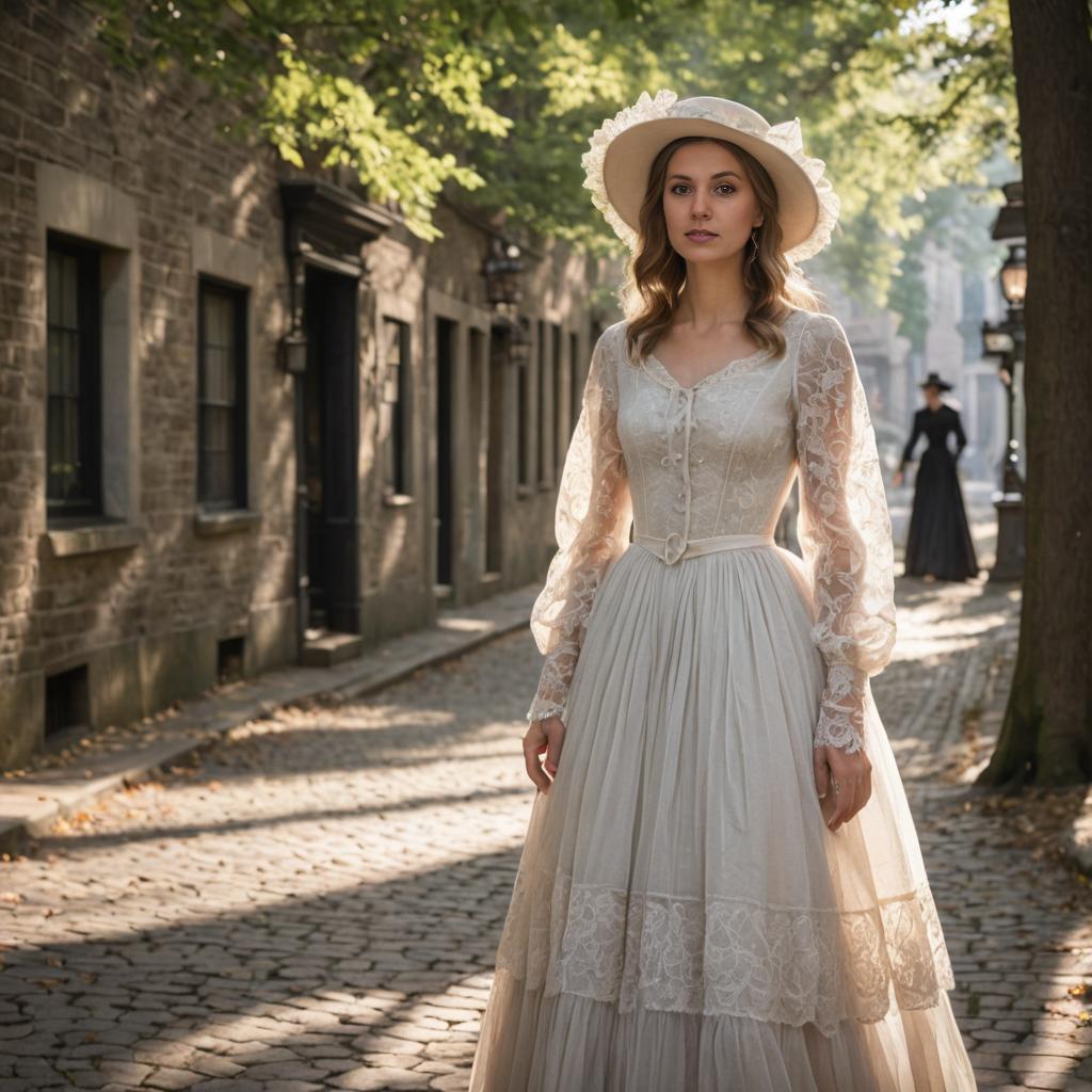 Elegant Woman in Vintage Attire on Cobblestone Street