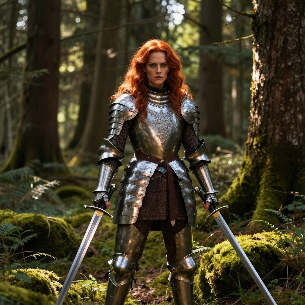 Red-Haired Woman Warrior in Medieval Armor Holding Swords in Forest