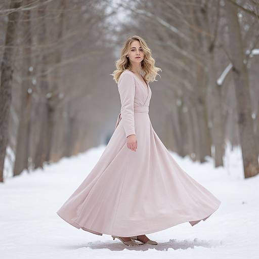 Woman in flowing pale pink dress on snowy winter path